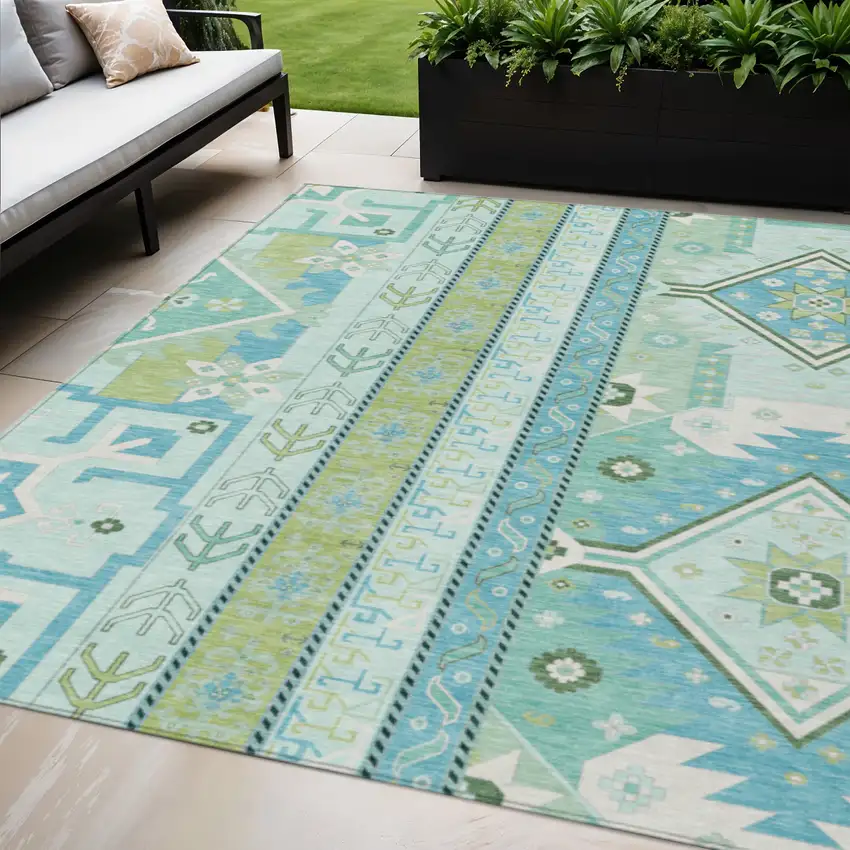 Mint Green Blue And Ivory Aztec Washable Indoor Outdoor Area Rug Photo 1