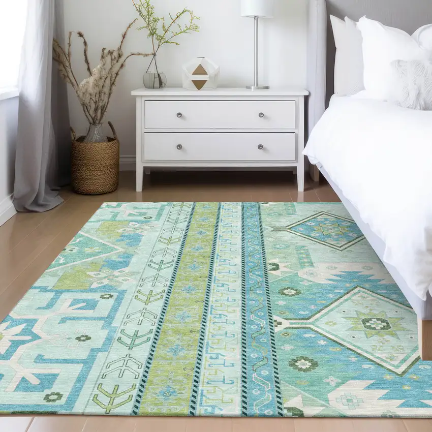 Mint Green Blue And Ivory Aztec Washable Indoor Outdoor Area Rug Photo 9
