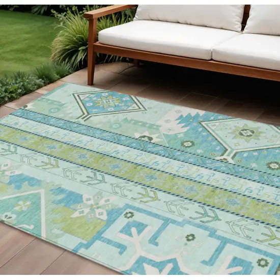 Mint Green Blue And Ivory Aztec Washable Indoor Outdoor Area Rug Photo 1
