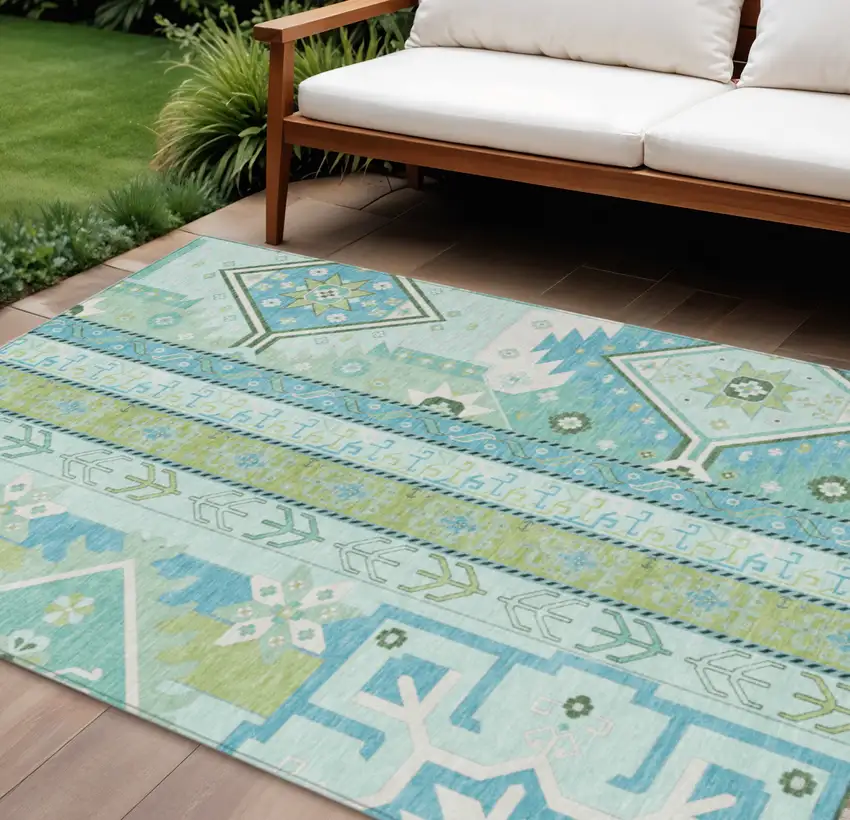 Mint Green Blue And Ivory Aztec Washable Indoor Outdoor Area Rug Photo 1
