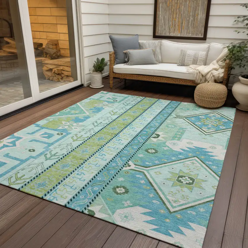 Mint Green Blue And Ivory Aztec Washable Indoor Outdoor Area Rug Photo 8