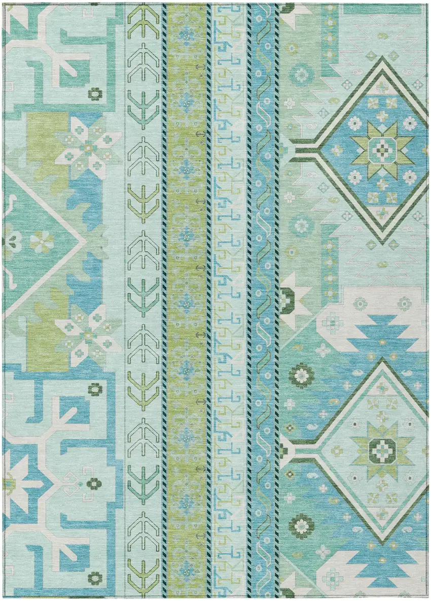 Mint Green Blue And Ivory Aztec Washable Indoor Outdoor Area Rug Photo 2