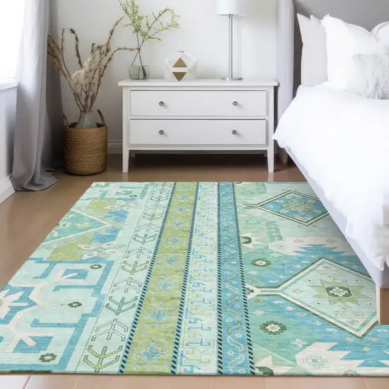 Mint Green Blue And Ivory Aztec Washable Indoor Outdoor Area Rug Photo 9