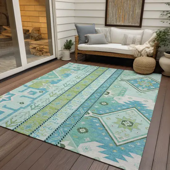 Mint Green Blue And Ivory Aztec Washable Indoor Outdoor Area Rug Photo 8