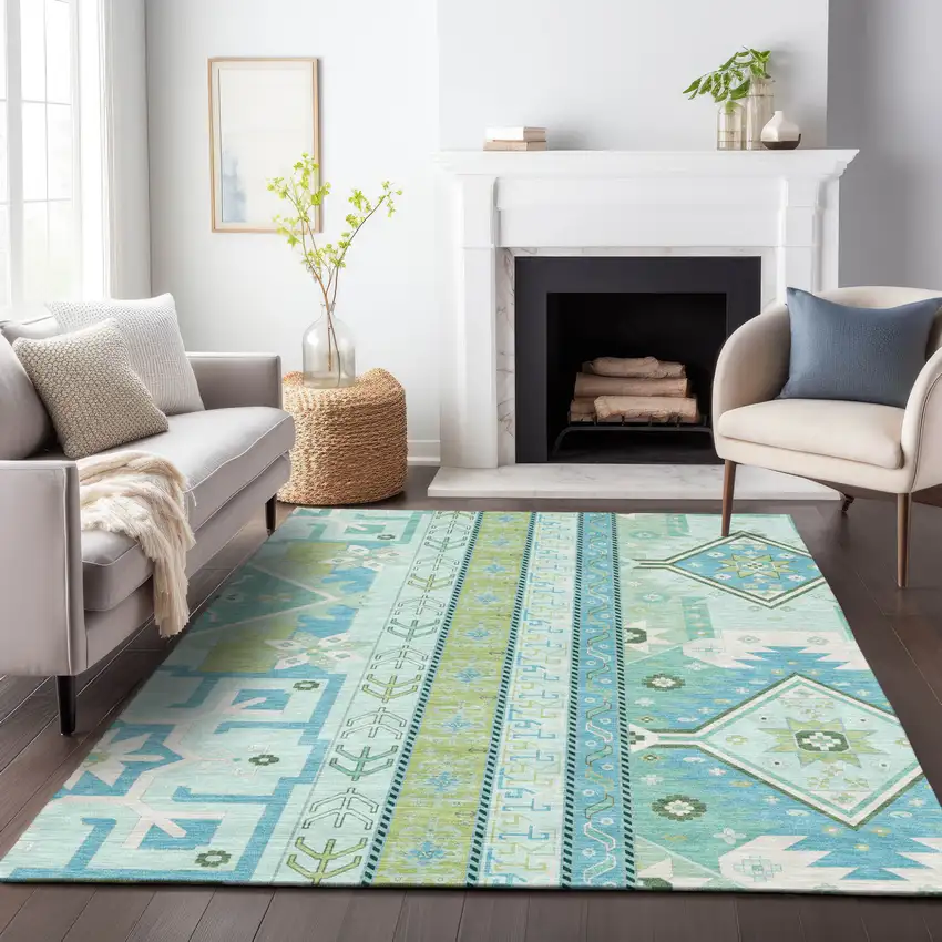 Mint Green Blue And Ivory Aztec Washable Indoor Outdoor Area Rug Photo 9