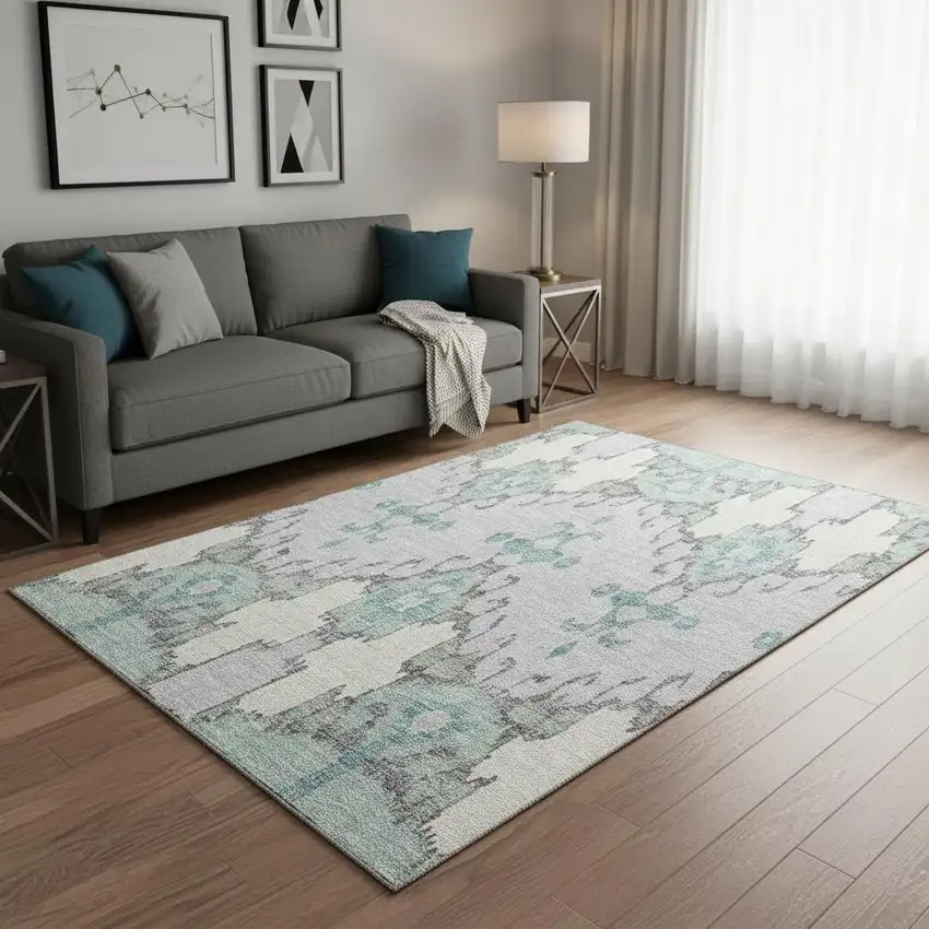 Mint Green Blue And Ivory Ikat Washable Area Rug With UV Protection Photo 2