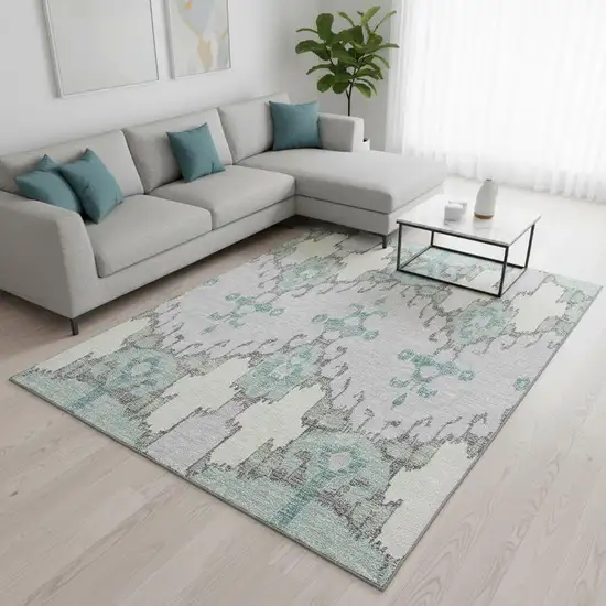 Mint Green Blue And Ivory Ikat Washable Area Rug With UV Protection Photo 2