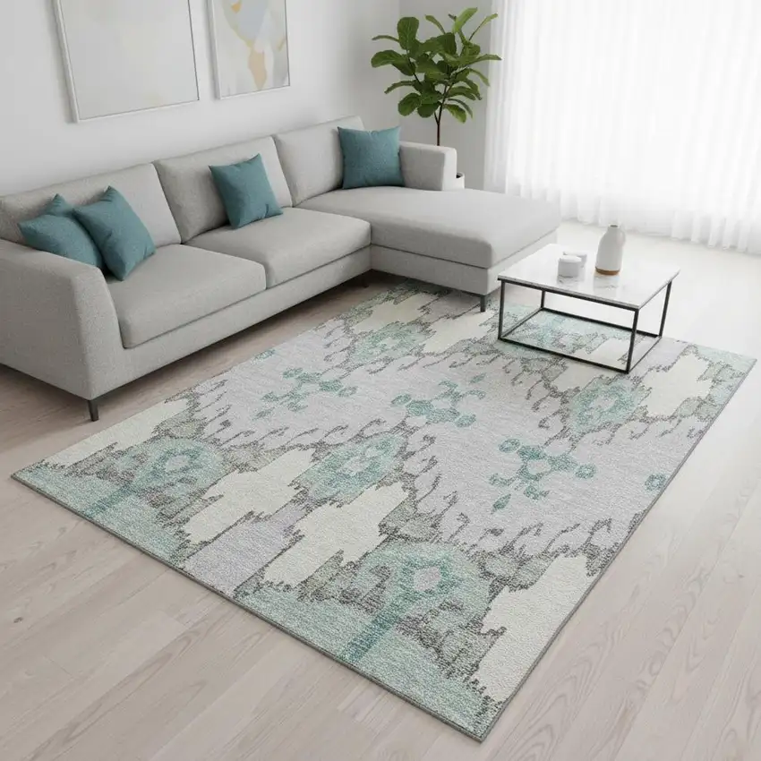 Mint Green Blue And Ivory Ikat Washable Area Rug With UV Protection Photo 2