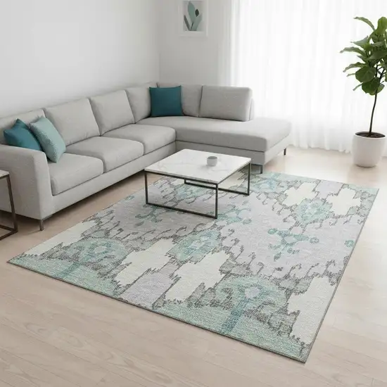 Mint Green Blue And Ivory Ikat Washable Area Rug With UV Protection Photo 2