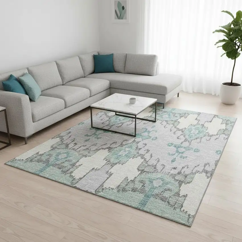 Mint Green Blue And Ivory Ikat Washable Area Rug With UV Protection Photo 2