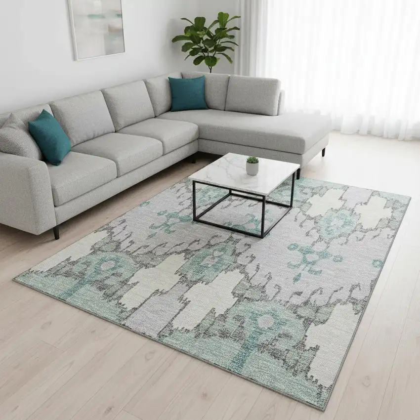 Mint Green Blue And Ivory Ikat Washable Area Rug With UV Protection Photo 2