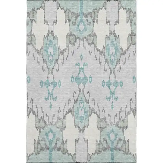 Mint Green Blue And Ivory Ikat Washable Area Rug With UV Protection Photo 1