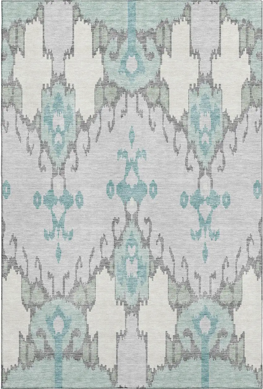 Mint Green Blue And Ivory Ikat Washable Area Rug With UV Protection Photo 1