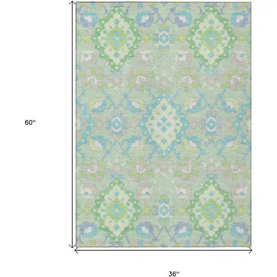 Mint Green Blue And Ivory Oriental Washable Indoor Outdoor Area Rug Photo 3