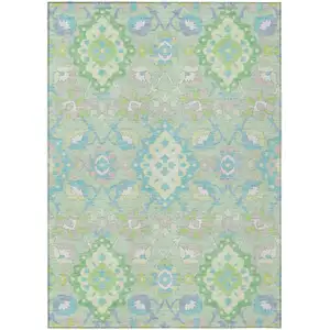 Photo of Mint Green Blue And Ivory Oriental Washable Indoor Outdoor Area Rug
