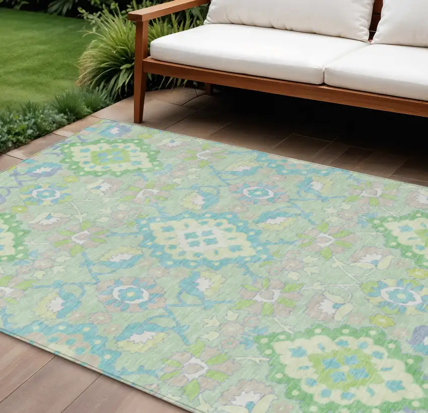 Mint Green Blue And Ivory Oriental Washable Indoor Outdoor Area Rug Photo 1