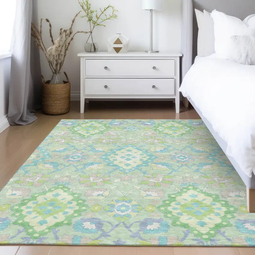 Mint Green Blue And Ivory Oriental Washable Indoor Outdoor Area Rug Photo 9