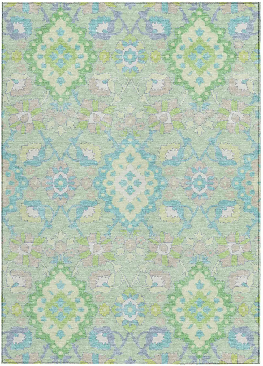 Mint Green Blue And Ivory Oriental Washable Indoor Outdoor Area Rug Photo 7