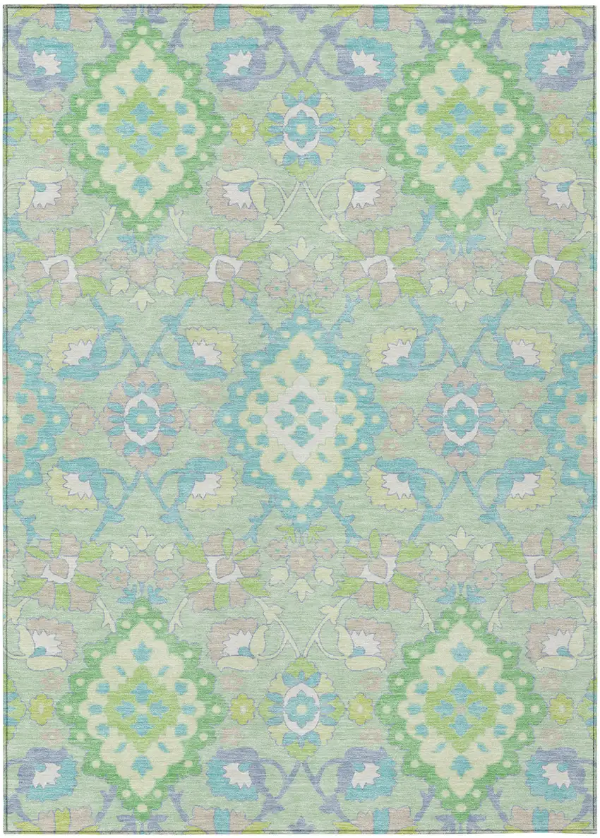 Mint Green Blue And Ivory Oriental Washable Indoor Outdoor Area Rug Photo 2
