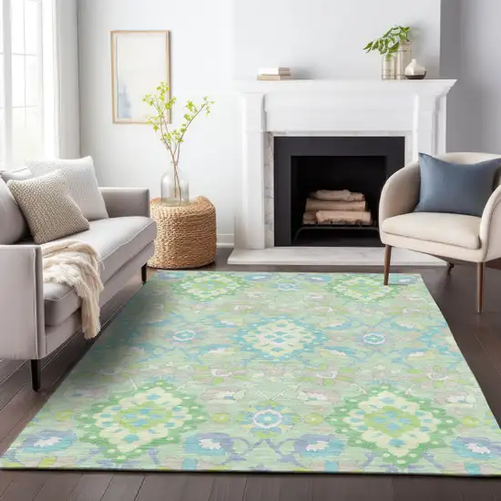 Mint Green Blue And Ivory Oriental Washable Indoor Outdoor Area Rug Photo 9