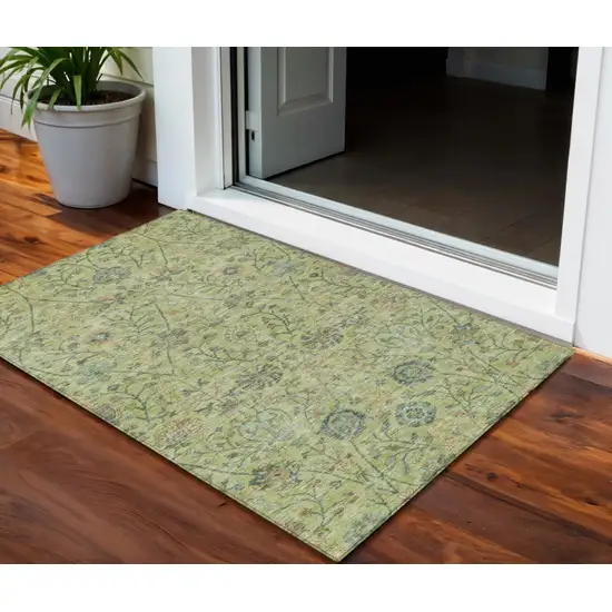 Mint Green Brown And Gray Floral Washable Indoor Outdoor Area Rug Photo 1