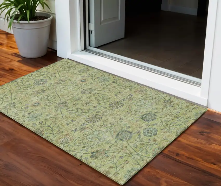 Mint Green Brown And Gray Floral Washable Indoor Outdoor Area Rug Photo 1