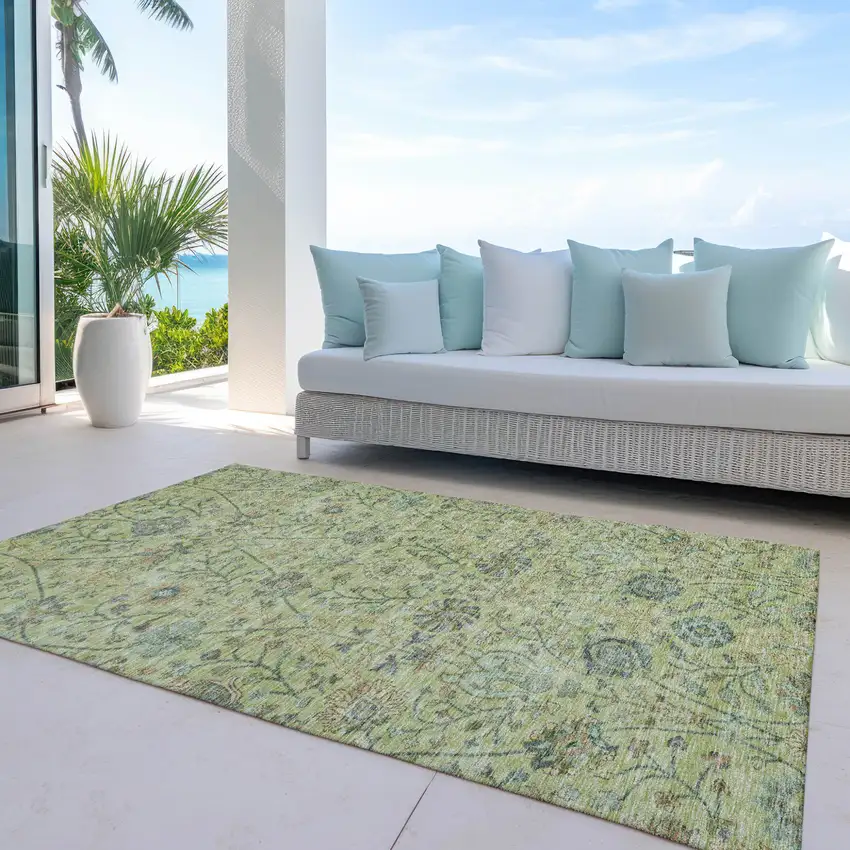 Mint Green Brown And Gray Floral Washable Indoor Outdoor Area Rug Photo 7