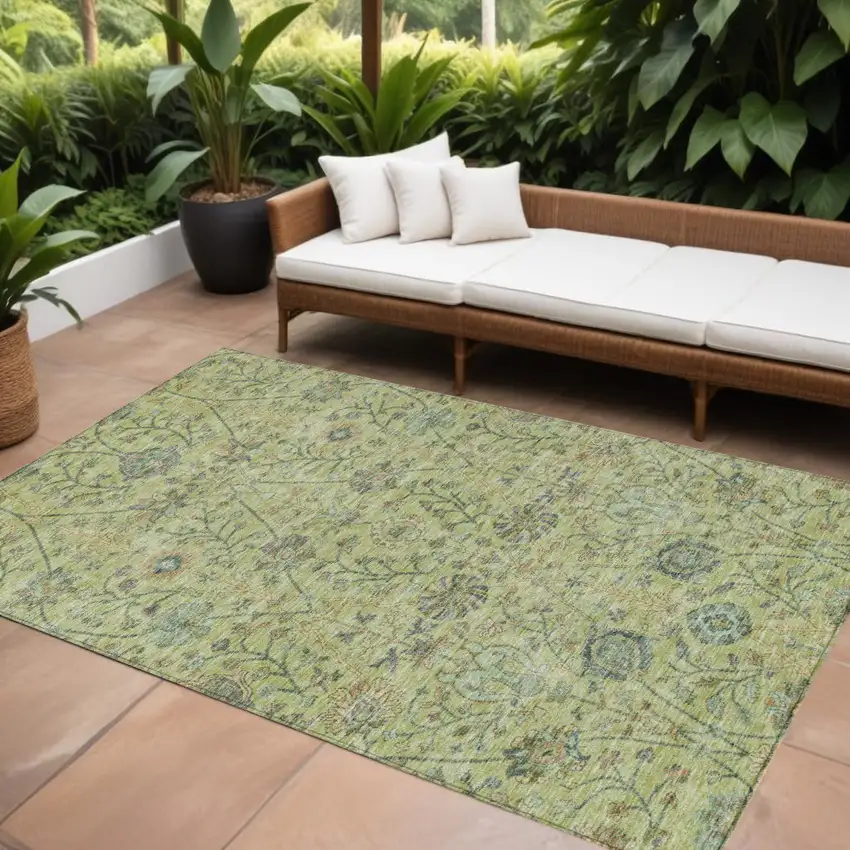 Mint Green Brown And Gray Floral Washable Indoor Outdoor Area Rug Photo 1