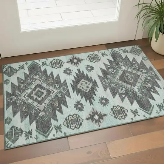 Mint Green Charcoal And Gray Tribal Washable Area Rug With UV Protection Photo 2