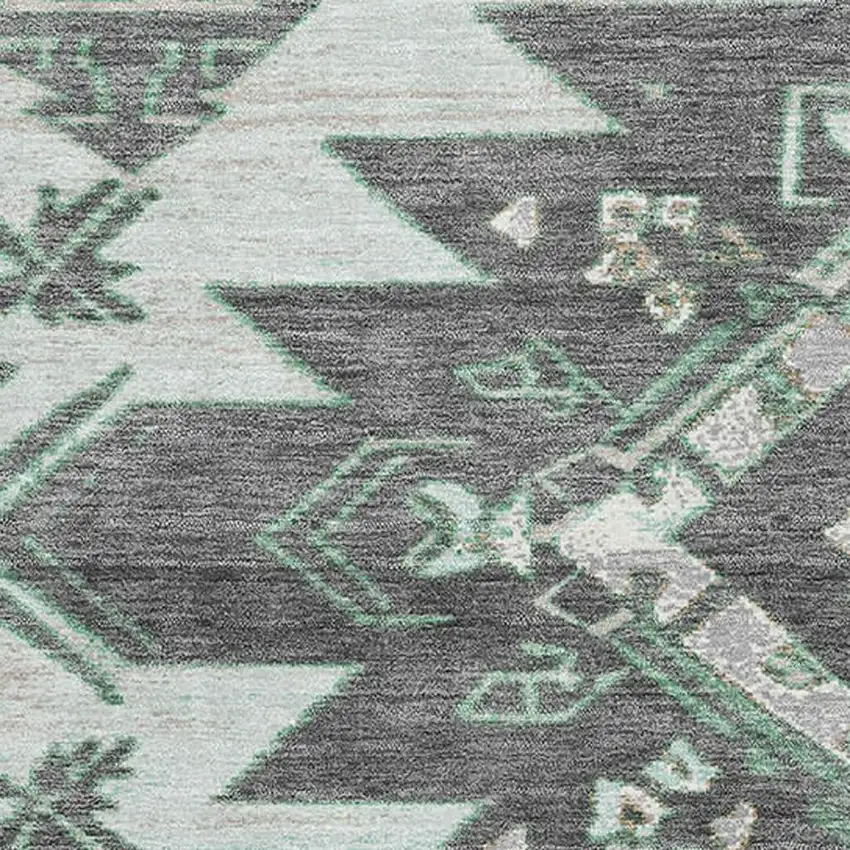 Mint Green Charcoal And Gray Tribal Washable Area Rug With UV Protection Photo 3