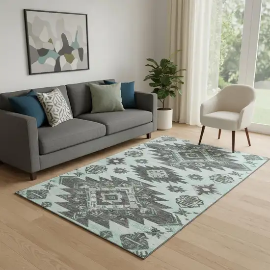 Mint Green Charcoal And Gray Tribal Washable Area Rug With UV Protection Photo 2