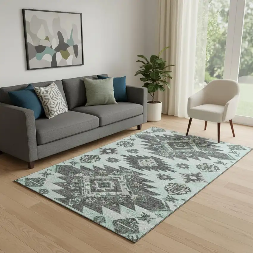 Mint Green Charcoal And Gray Tribal Washable Area Rug With UV Protection Photo 2