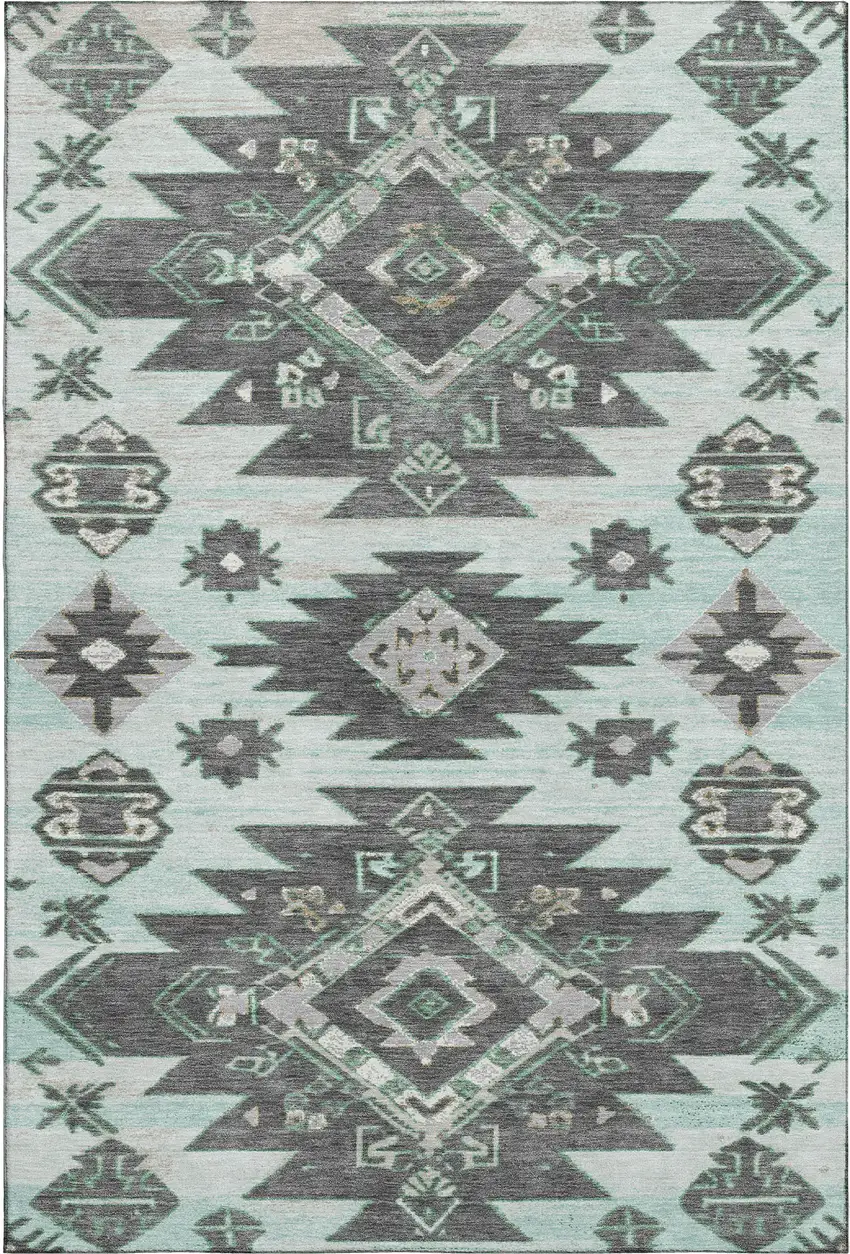 Mint Green Charcoal And Gray Tribal Washable Area Rug With UV Protection Photo 2