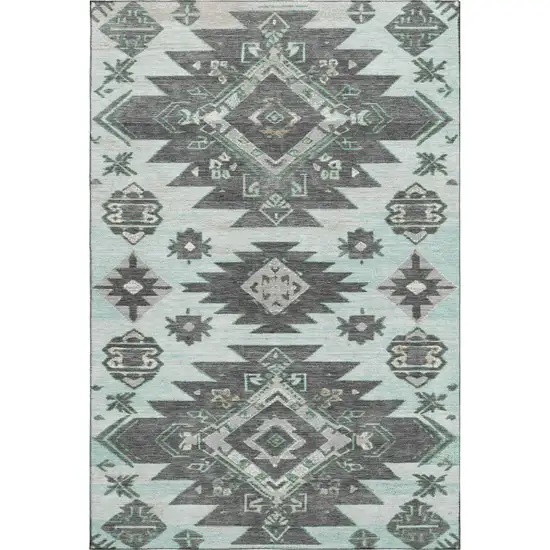Mint Green Charcoal And Gray Tribal Washable Area Rug With UV Protection Photo 2