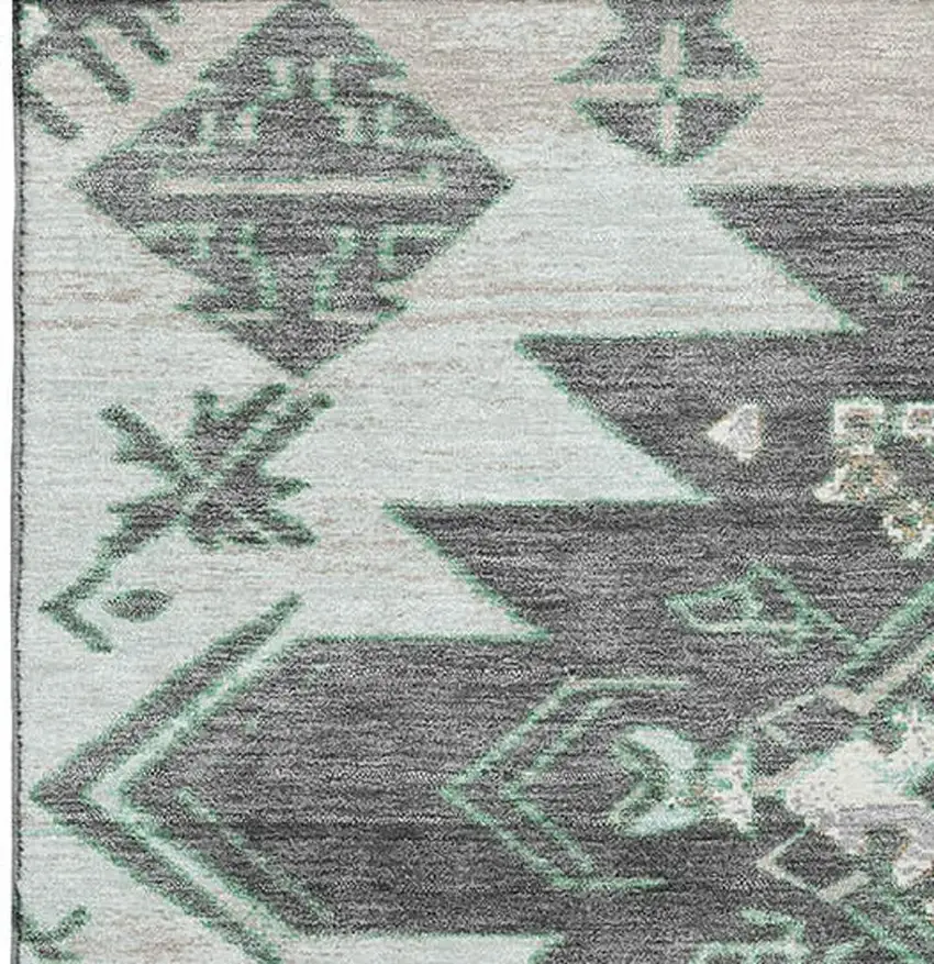 Mint Green Charcoal And Gray Tribal Washable Area Rug With UV Protection Photo 3