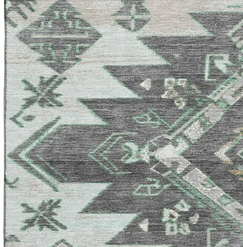 Mint Green Charcoal And Gray Tribal Washable Area Rug With UV Protection Photo 4