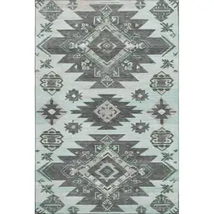 Photo of Mint Green Charcoal And Gray Tribal Washable Area Rug With UV Protection