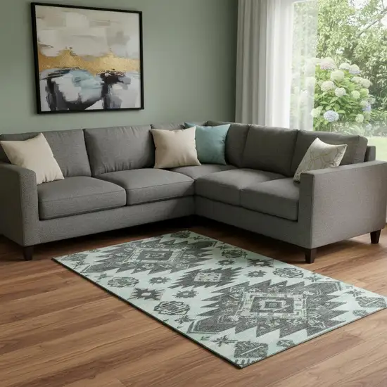 Mint Green Charcoal And Gray Tribal Washable Area Rug With UV Protection Photo 2