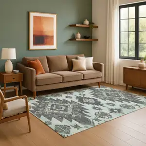 Photo of Mint Green Charcoal And Gray Tribal Washable Area Rug With UV Protection
