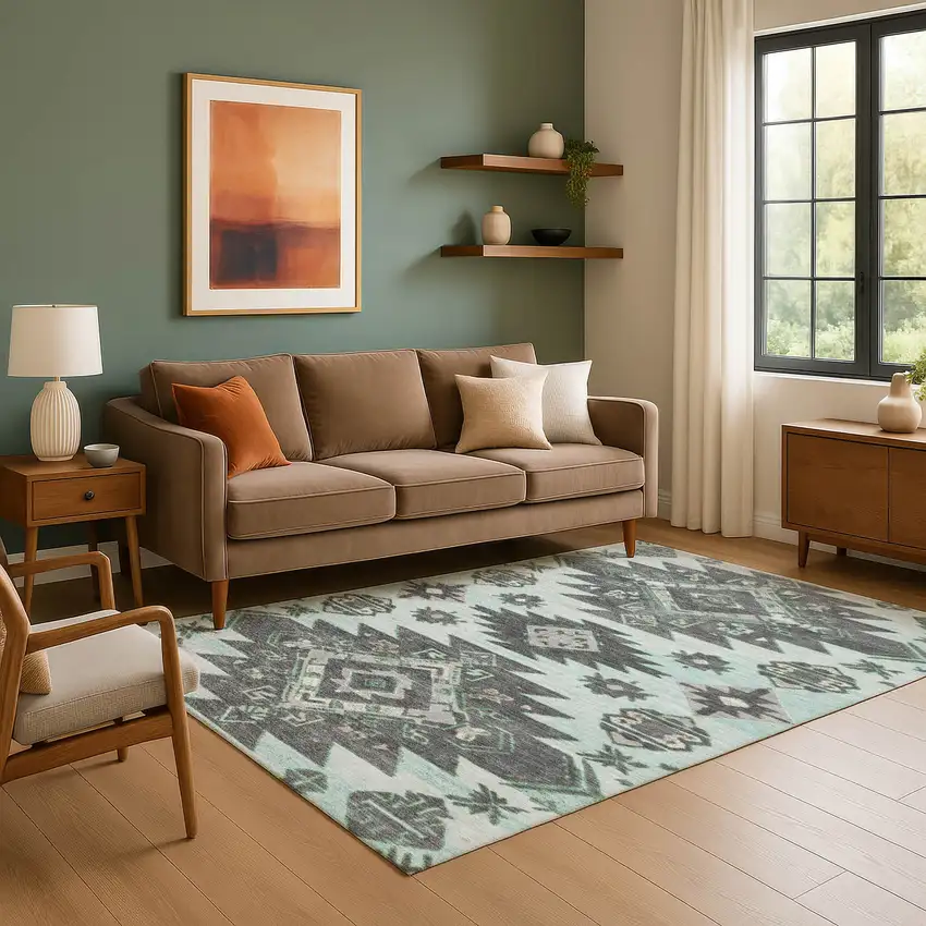 Mint Green Charcoal And Gray Tribal Washable Area Rug With UV Protection Photo 6