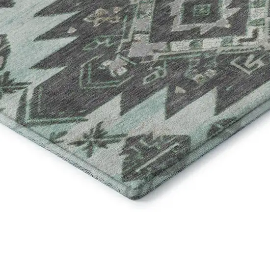 Mint Green Charcoal And Gray Tribal Washable Area Rug With UV Protection Photo 8