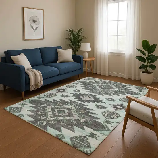 Mint Green Charcoal And Gray Tribal Washable Area Rug With UV Protection Photo 5