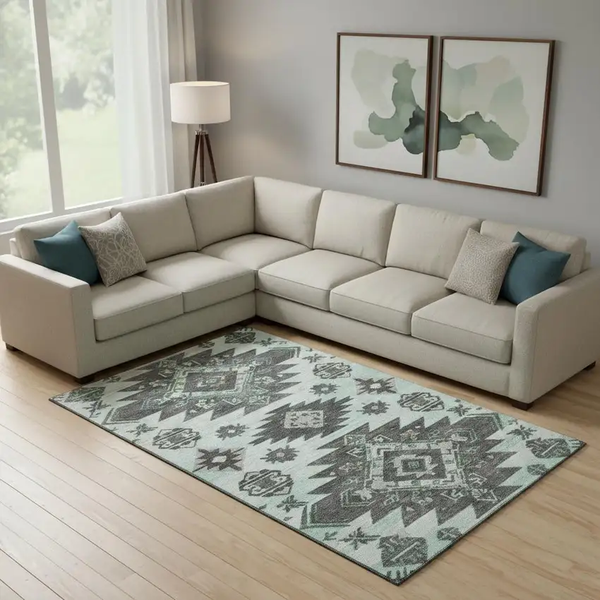 Mint Green Charcoal And Gray Tribal Washable Area Rug With UV Protection Photo 2