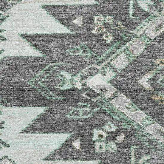 Mint Green Charcoal And Gray Tribal Washable Area Rug With UV Protection Photo 3