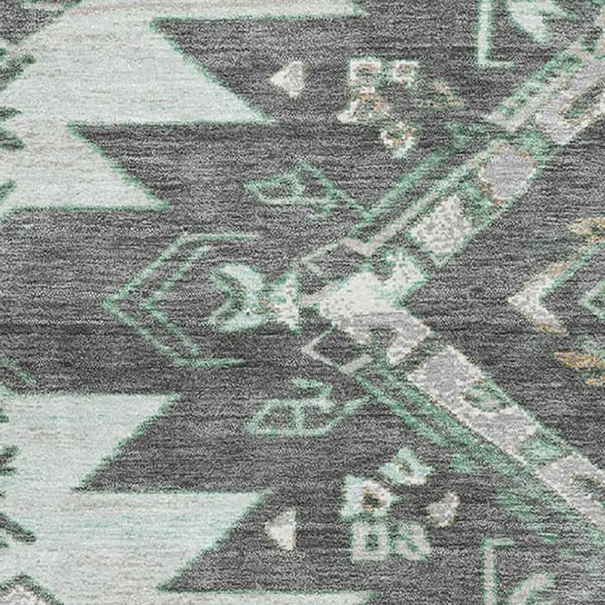 Mint Green Charcoal And Gray Tribal Washable Area Rug With UV Protection Photo 3