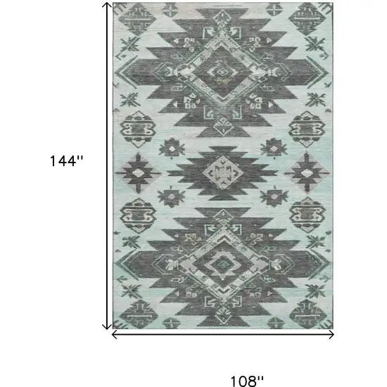 Mint Green Charcoal And Gray Tribal Washable Area Rug With UV Protection Photo 9