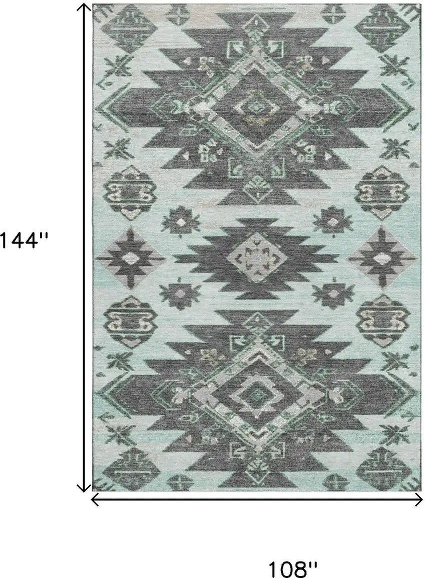 Mint Green Charcoal And Gray Tribal Washable Area Rug With UV Protection Photo 9