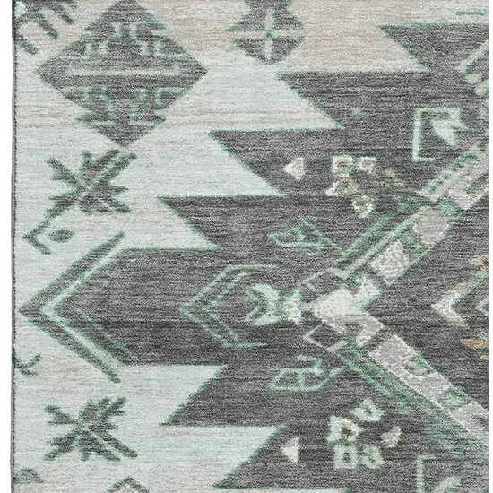 Mint Green Charcoal And Gray Tribal Washable Area Rug With UV Protection Photo 4