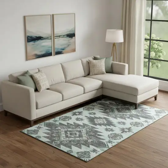 Mint Green Charcoal And Gray Tribal Washable Area Rug With UV Protection Photo 2