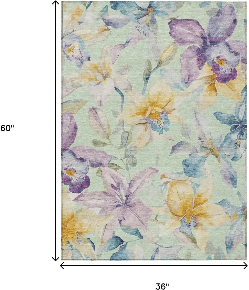 Mint Green Gold And Lavender Floral Washable Indoor Outdoor Area Rug Photo 3